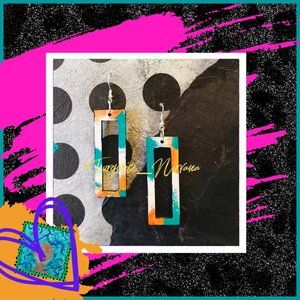 M-254: Turquoise Orange White Open Rectangle Earrings